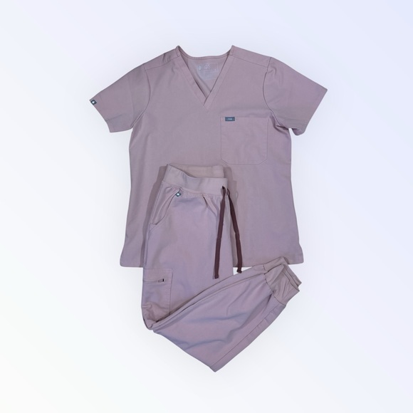 Figs Pants - FIGS V-Neck Scrub Set Top & Jogger Pants PINK SAND